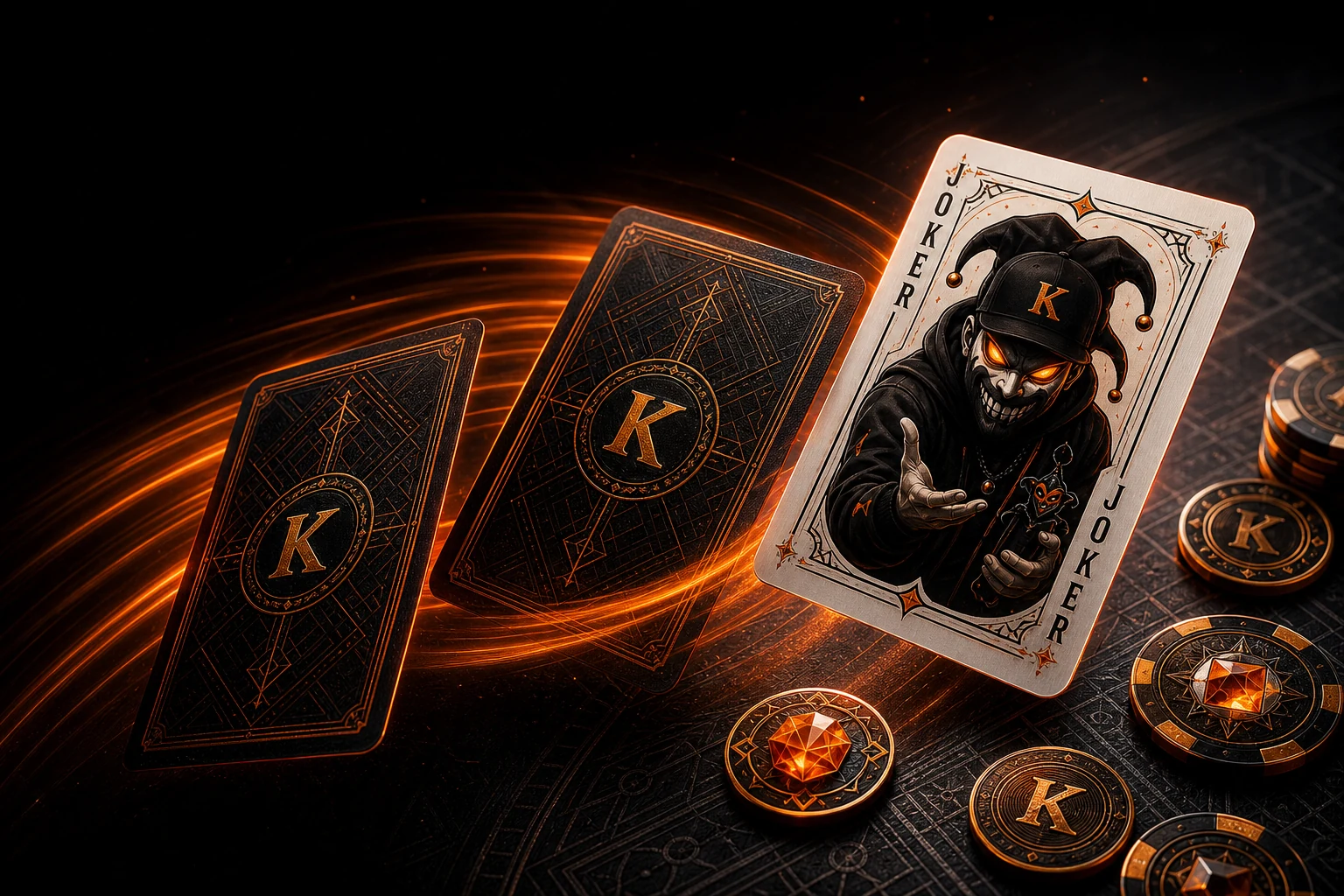 Três cartas pretas e laranja em movimento, com uma carta Joker Kiki branca a ser revelada.
